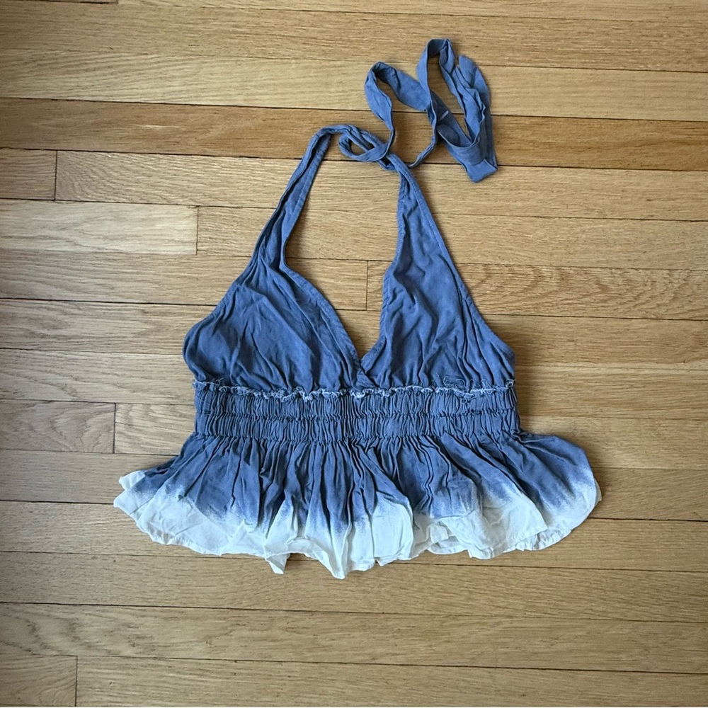 NWT~Flying Point Surf And Sport~ Halter~Women’s M~Dusty Denim/White Hem~Ruffles